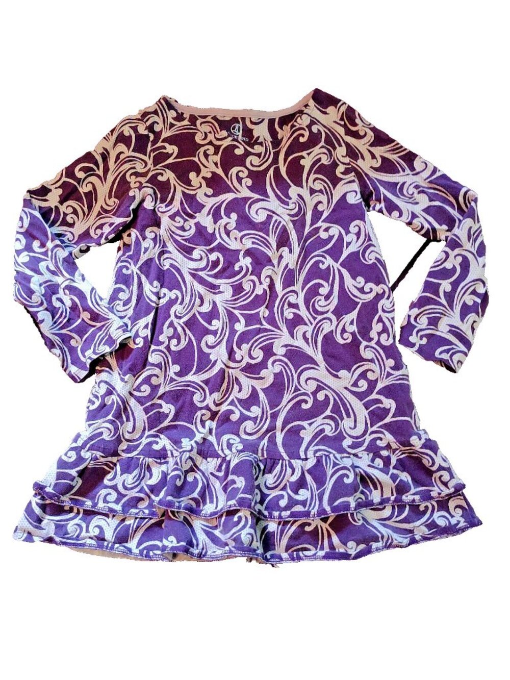 Lands End Girls Dress Small 4 Purple White Damask Scroll Knit Ruffle Sleeve S